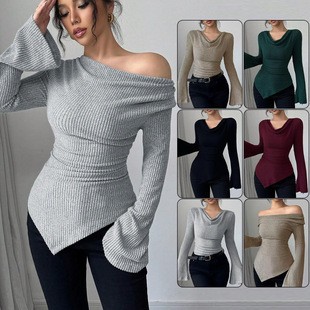 Off Shoulder Blouse - Women's Blouse Longsleeve Solid Color Long